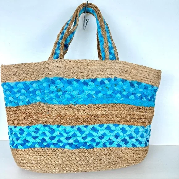CHICO’S Beige Woven Jute Raffia Turquoise Blue Fabric Beach Travel Shoulder Tote - Picture 7 of 11